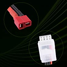 Connector close-up: Deans (T) discharge plug and 4-pin JST-XH balance connector for 3S charging
