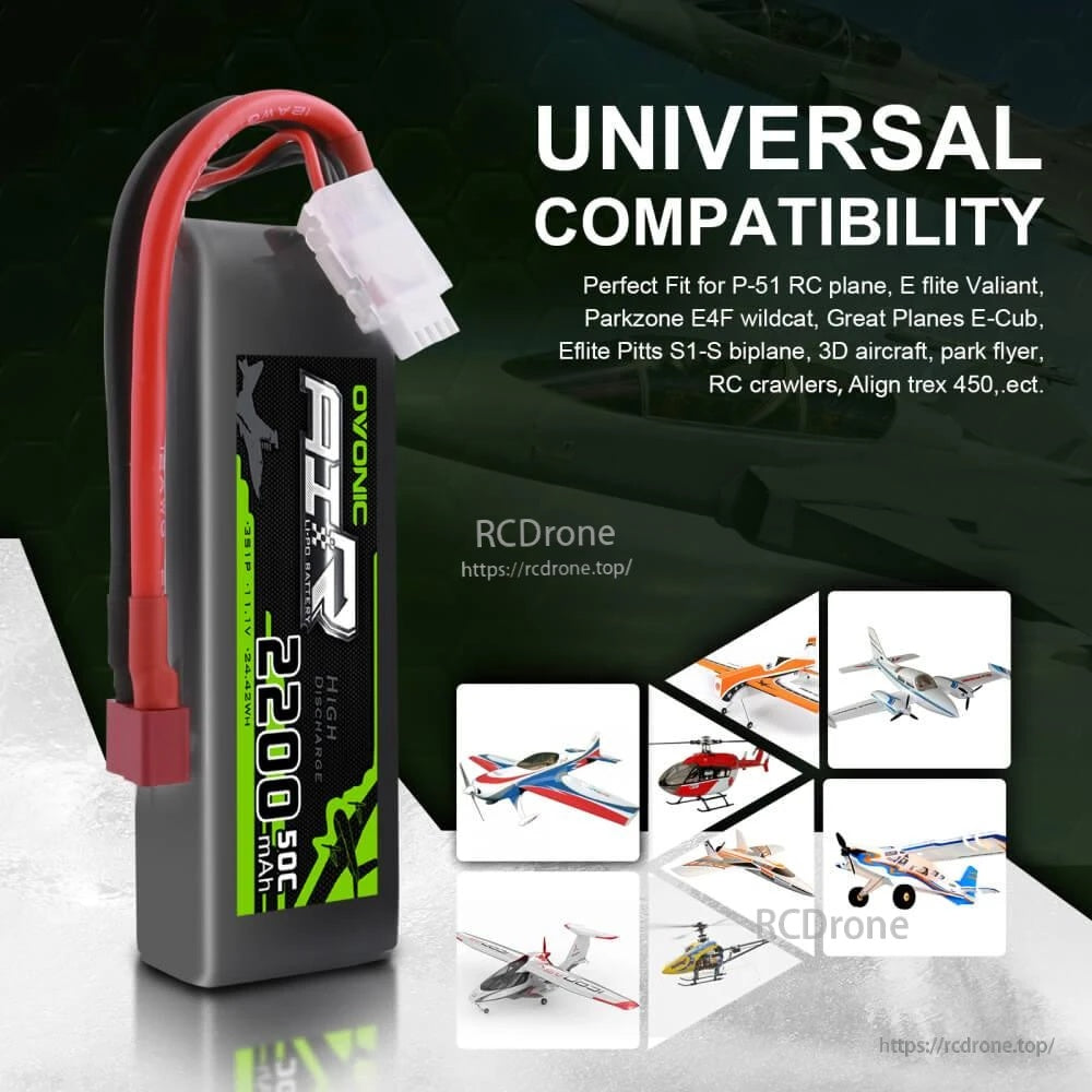 Universal compatibility graphic for Ovonic 3S 2200mAh LiPo with examples for planes, helicopters, and crawlers