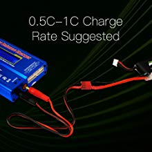 Recommended LiPo charge rate graphic: 0.5C–1C using a balance charger with JST-XH lead