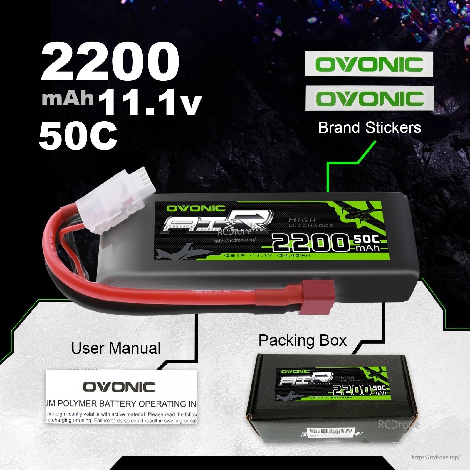 Package contents: Ovonic 2200mAh 11.1V 50C LiPo pack, user manual, packing box, and brand stickers