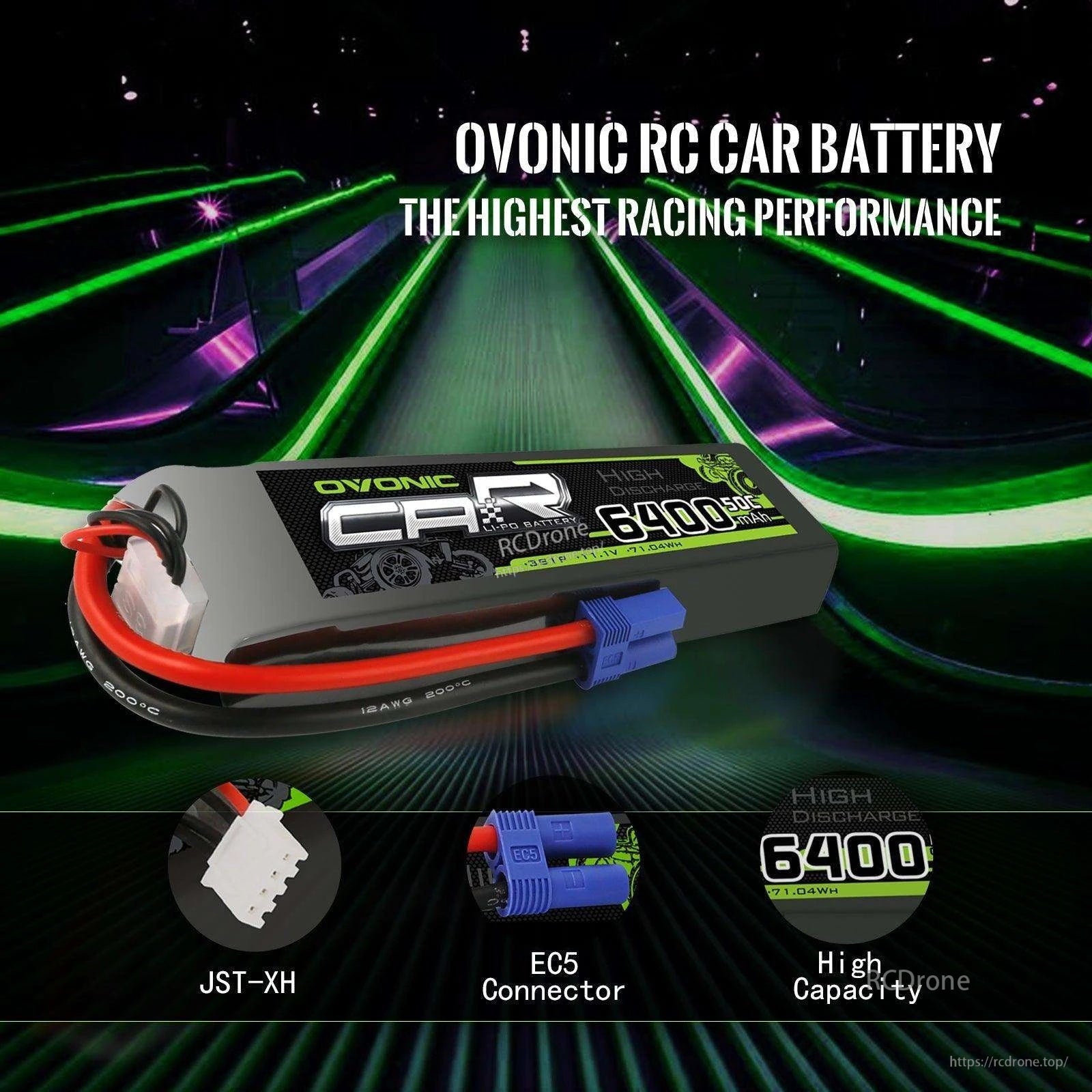 Ovonic RC car LiPo battery close-up highlighting EC5 discharge connector and JST-XH balance plug