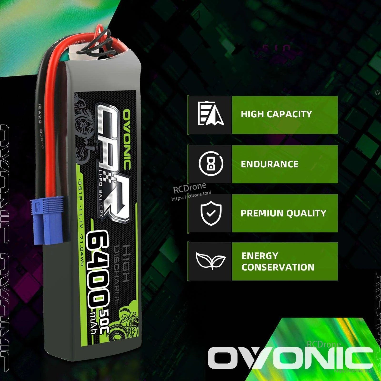 Ovonic Rebel 6400mAh 3S LiPo marketing graphic emphasizing high capacity, endurance and premium quality
