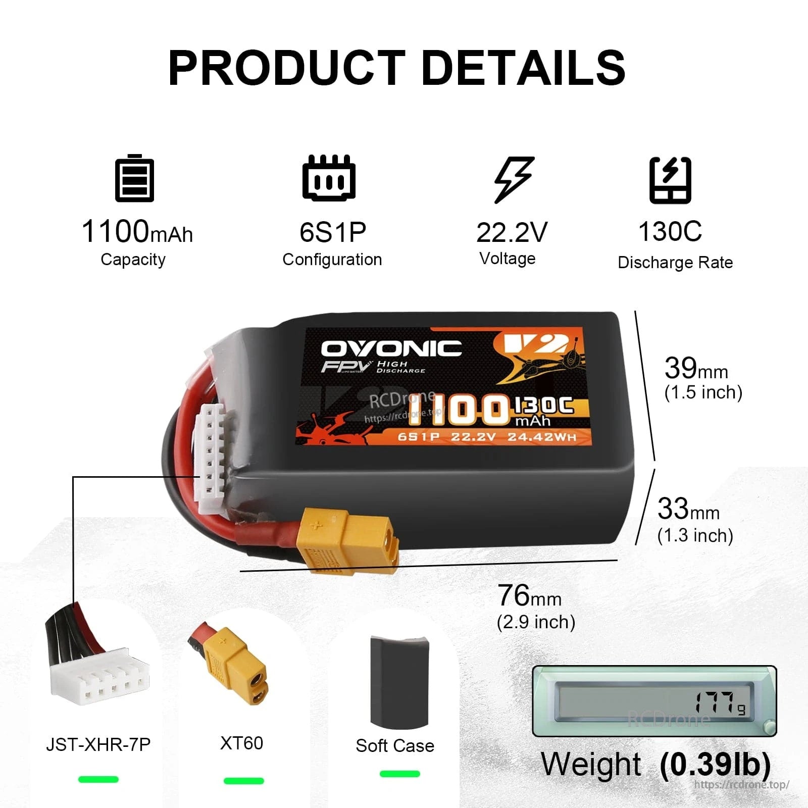 Ovonic 6S 1100mAh 130C 22.2V FPV LiPo battery details with XT60, JST-XHR-7P, size and weight