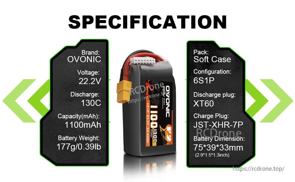 Ovonic 6S 1100mAh 22.2V 130C LiPo specification infographic listing soft case, XT60 and JST-XHR-7P connectors