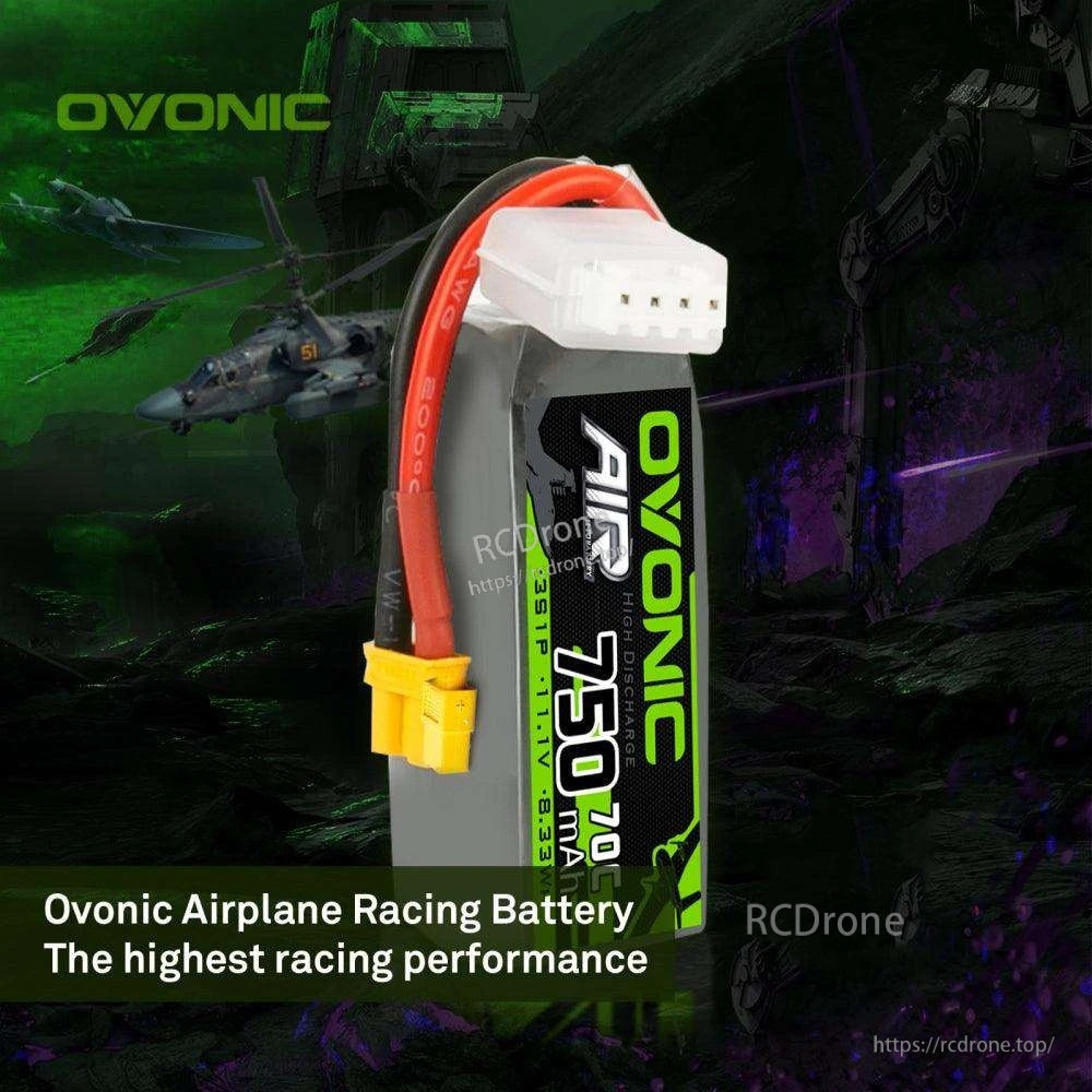 Promotional graphic of Ovonic AIR 750mAh 3S LiPo with helicopter background and XT30 connector visible
