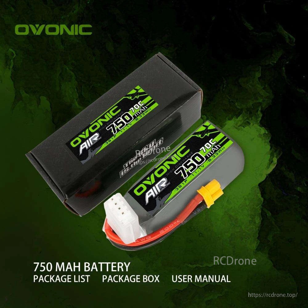 Package contents graphic with Ovonic box and 750mAh 70C 3S LiPo battery; mentions user manual