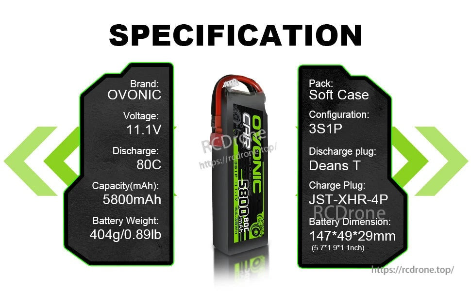 2x Ovonic 3S 11.1V 5800mAh 80C LiPo battery infographic with Deans T plug, 3S1P, soft case specs