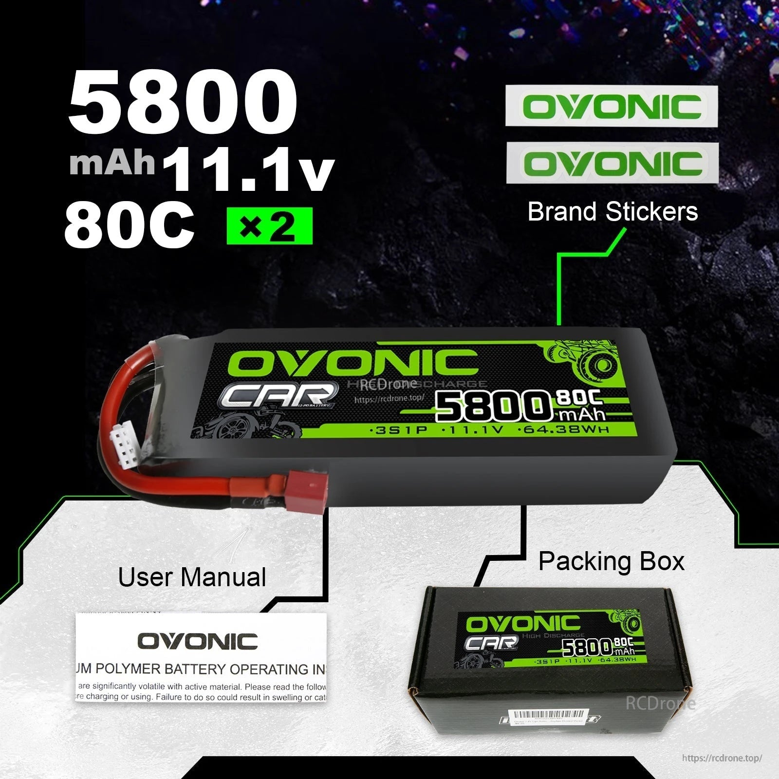 What’s included: two Ovonic 11.1V 5800mAh 80C LiPo packs plus user manual, packing box, and Ovonic stickers