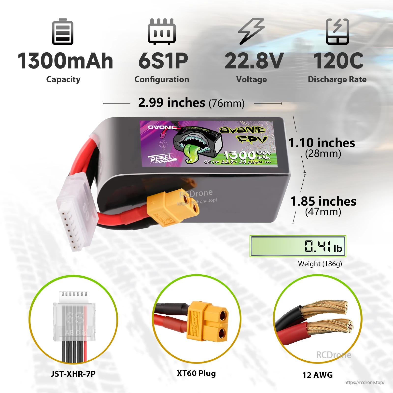 Ovonic Rebel 2.0 6S 1300mAh 120C LiHV LiPo battery specs, XT60 and JST-XHR-7P, 76×28×47mm