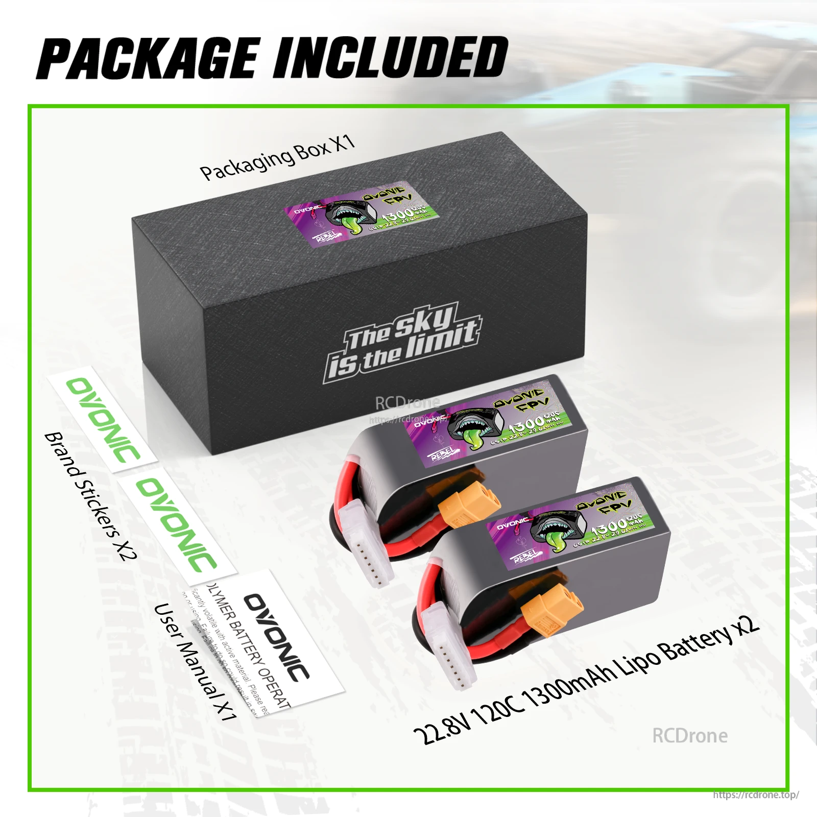 Package contents: two 22.8V 120C 1300mAh Ovonic Rebel 2.0 6S LiHV batteries, stickers, user manual, and box