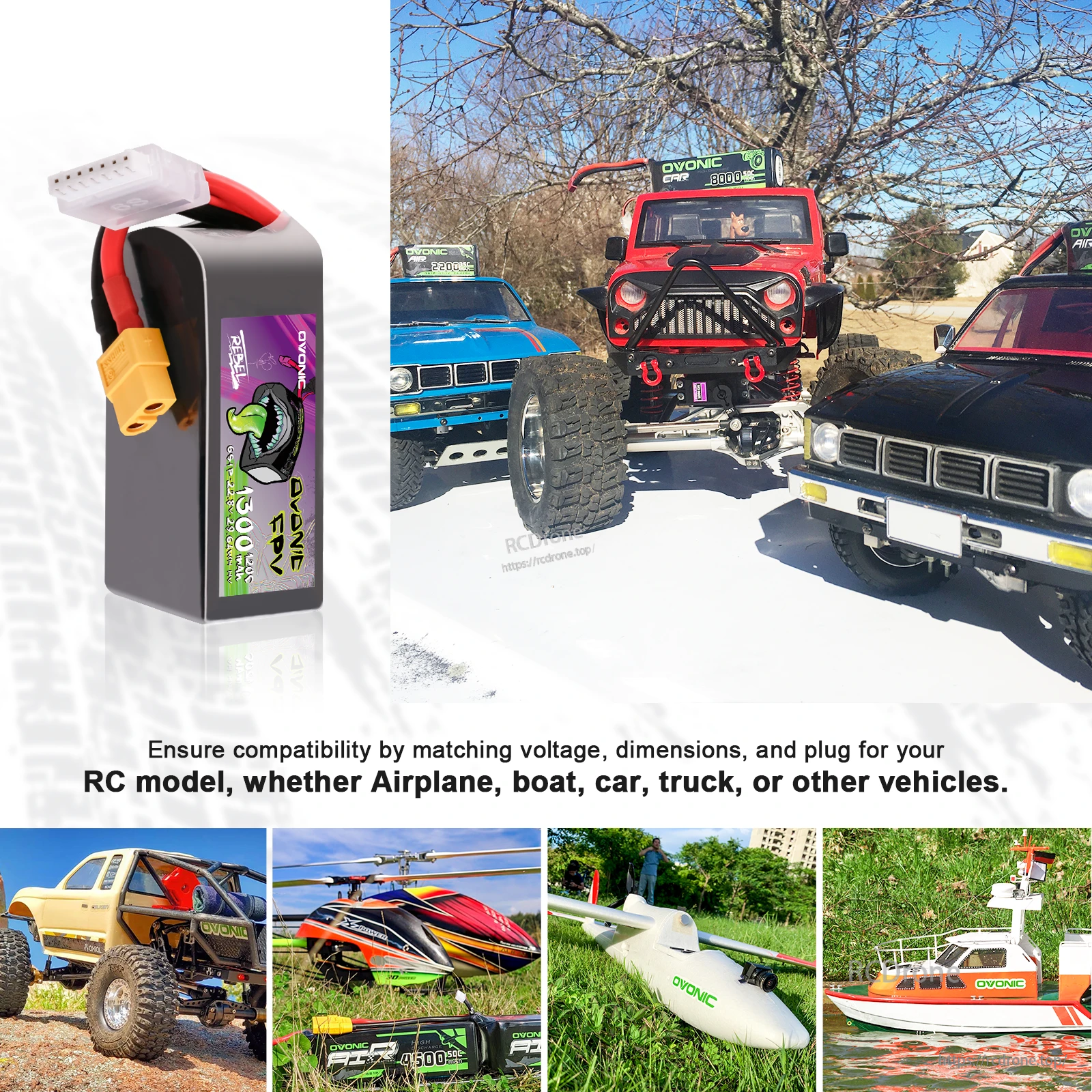 Ovonic Rebel 2.0 6S LiHV battery and application examples for RC models including cars, aircraft, boats, and drones