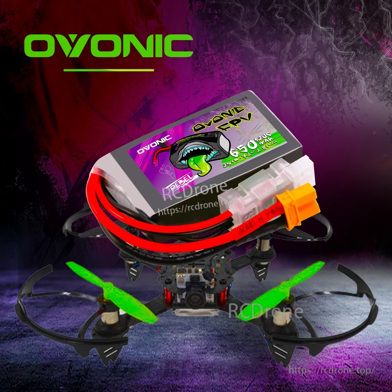 Ovonic Rebel 2.0 2S 650mAh 7.4V 120C LiPo battery with XT30 connector on a micro FPV racing drone