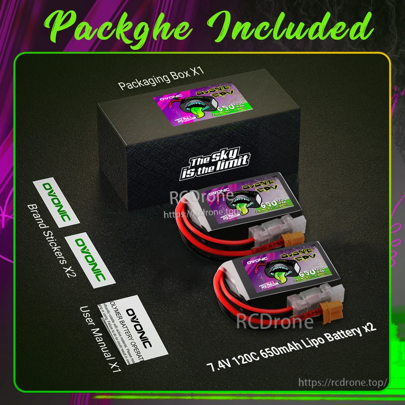 Package contents: 2 Ovonic Rebel 2.0 2S 650mAh 7.4V 120C LiPo batteries, box, manual and stickers