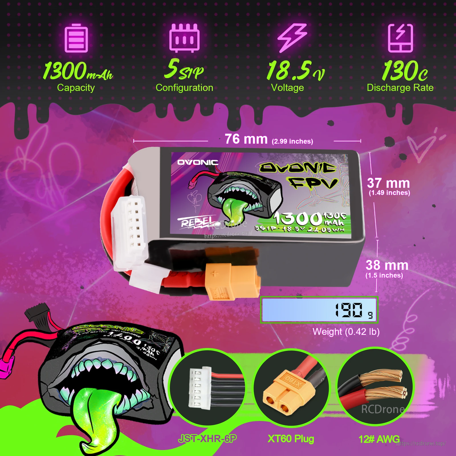 2× Ovonic Rebel 2.0 5S 1300mAh 130C LiPo battery packs with XT60, size and connector callouts