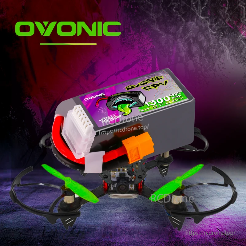 Ovonic Rebel 2.0 5S 1300mAh 130C LiPo battery mounted on an FPV quad with XT60 connector visible