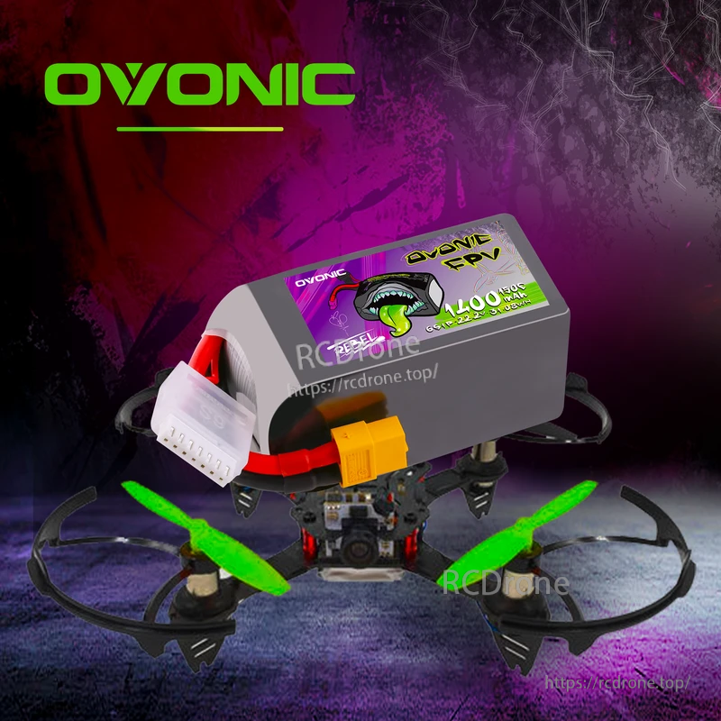 Ovonic Rebel 2.0 6S 1400mAh LiPo battery on a small FPV drone with XT60 and balance lead visible