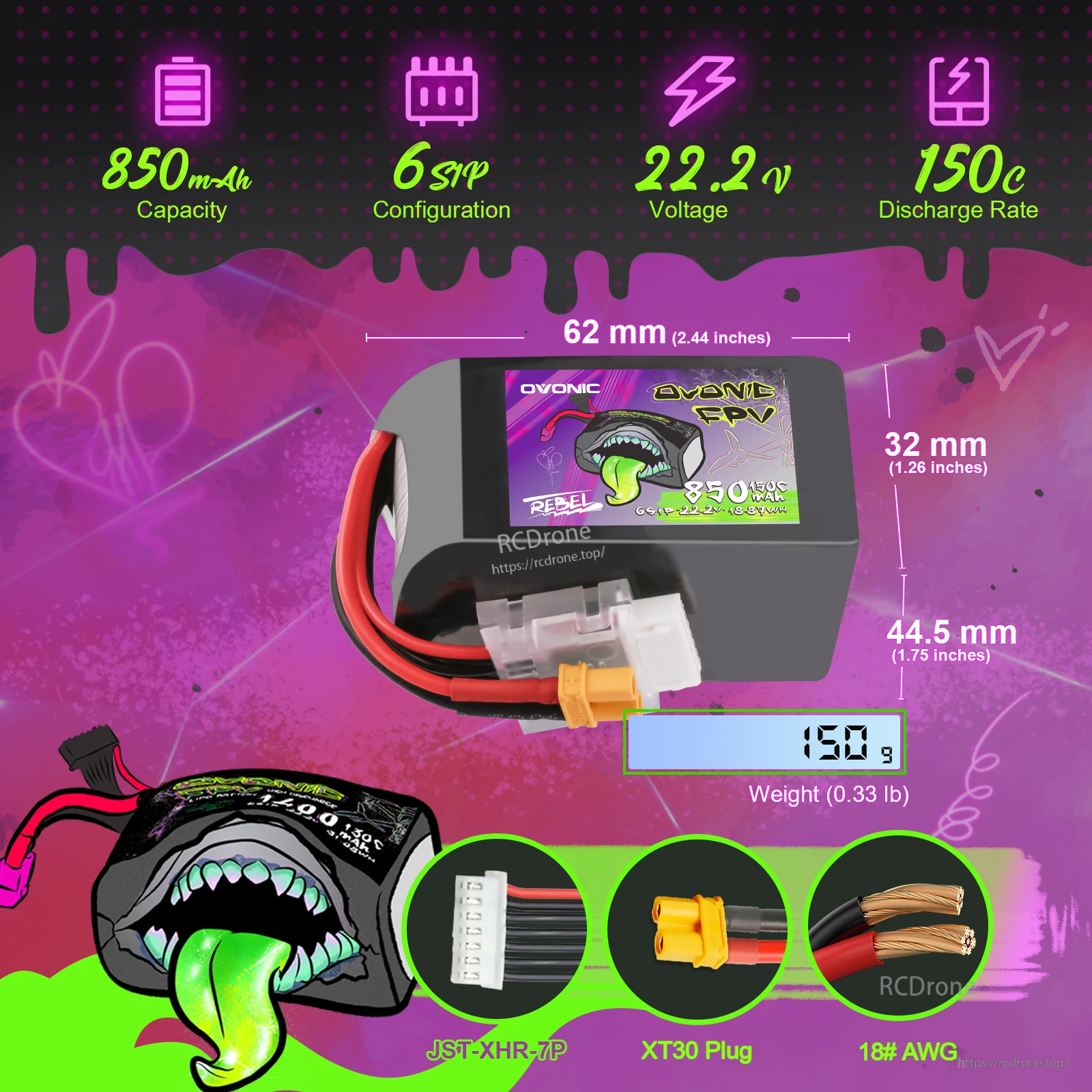 Ovonic Rebel 2.0 6S 850mAh 22.2V 150C LiPo battery (2-pack) with XT30, size and weight infographic