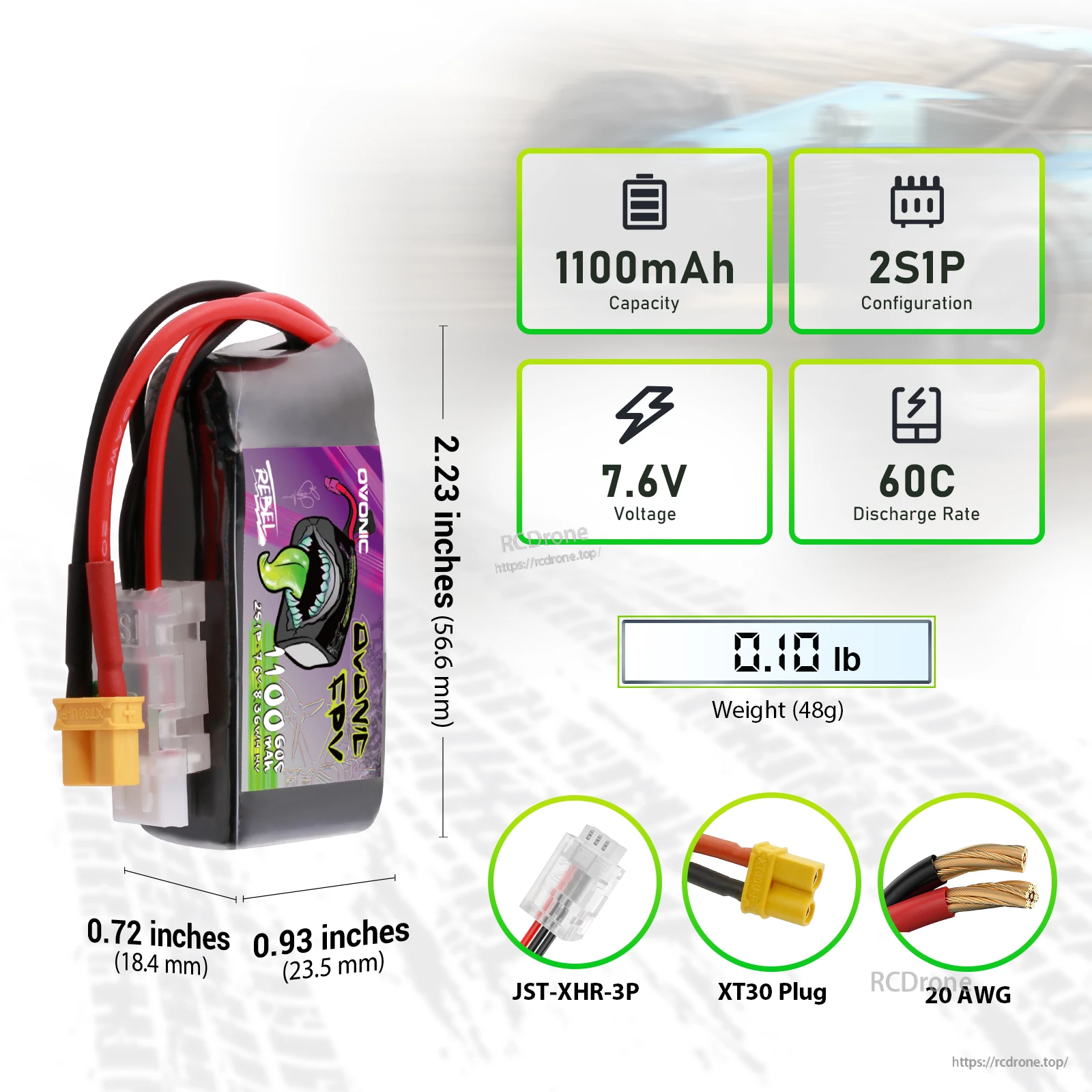 Ovonic Rebel 2.0 1100mAh 2S LiHV 7.6V 60C battery with XT30 plug, dimensions and connectors