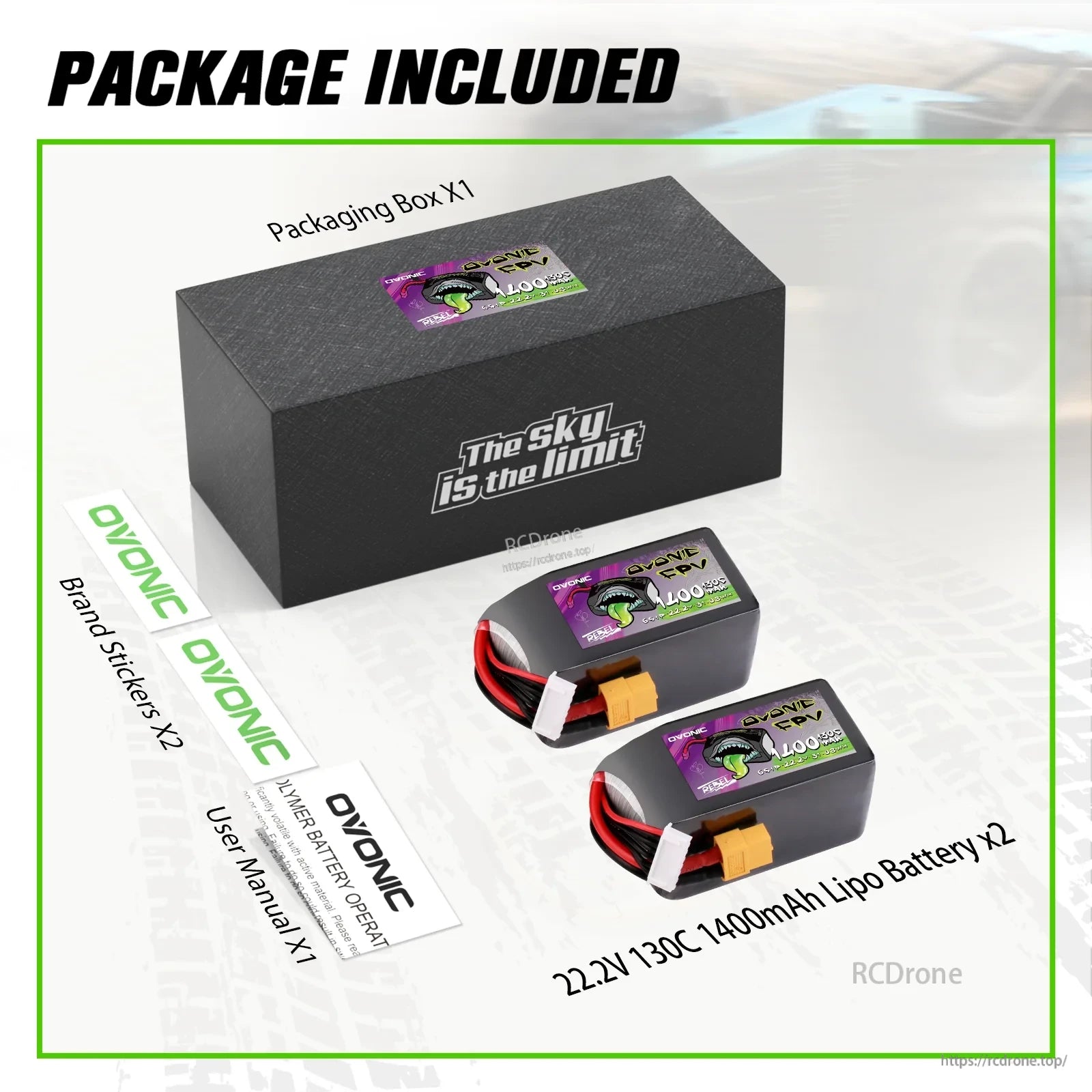 Package contents: two Ovonic Rebel 2.0 6S 1400mAh 130C LiPo batteries, stickers, manual and box