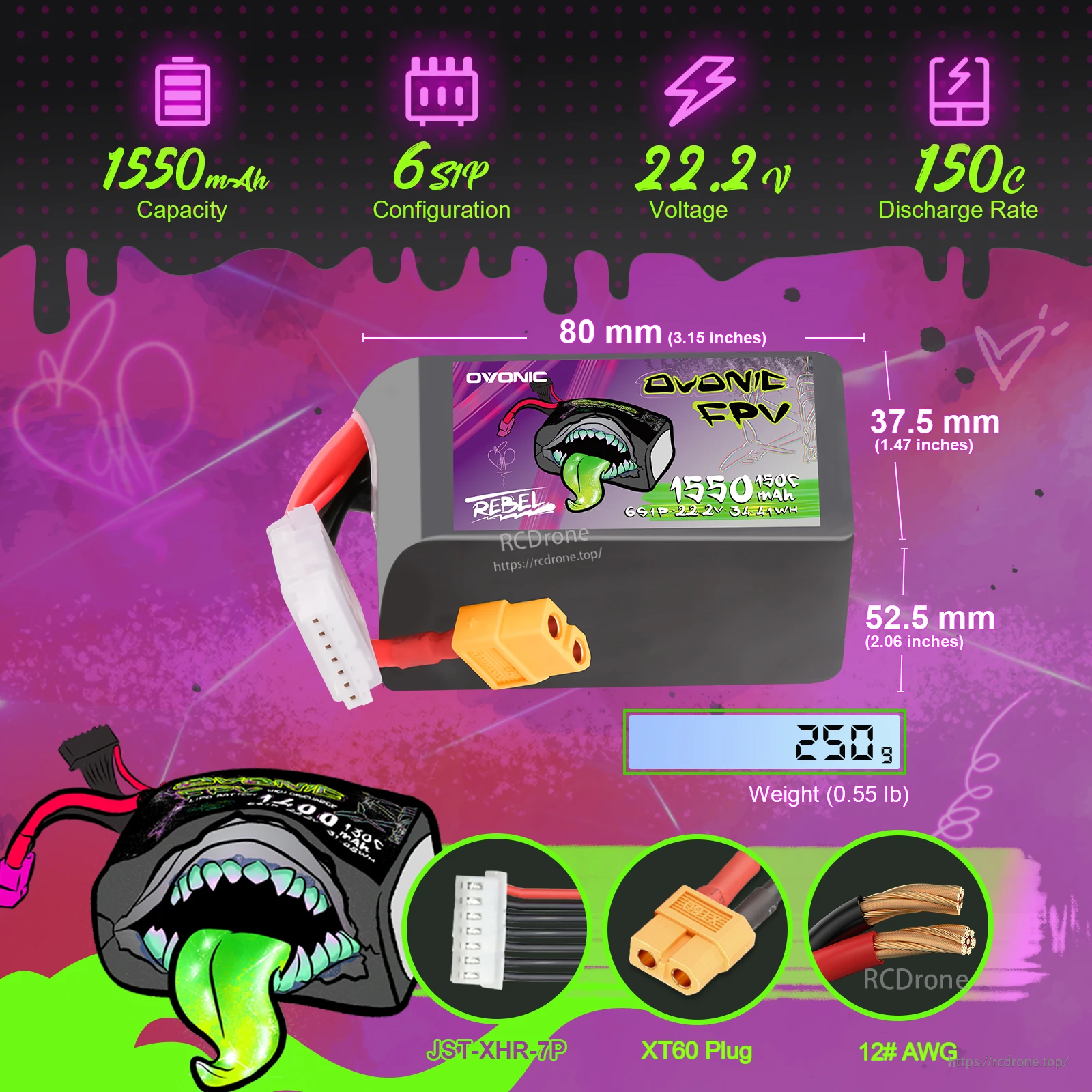 Ovonic Rebel 2.0 6S 1550mAh 22.2V FPV LiPo battery specs: 150C, XT60, JST-XHR-7P, 80×37.5×52.5mm
