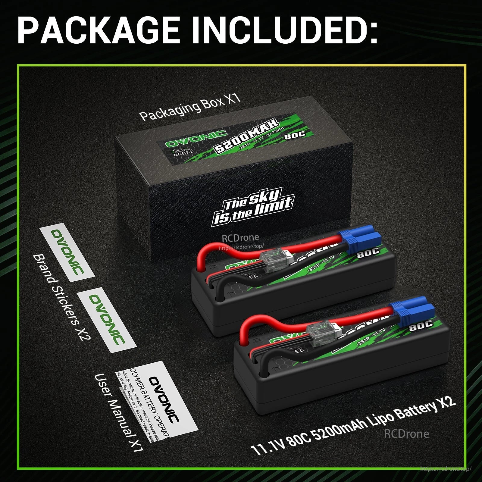 Package contents for 2-pack Ovonic Rebel 11.1V 5200mAh 80C hardcase LiPo: two batteries, box, manual, stickers