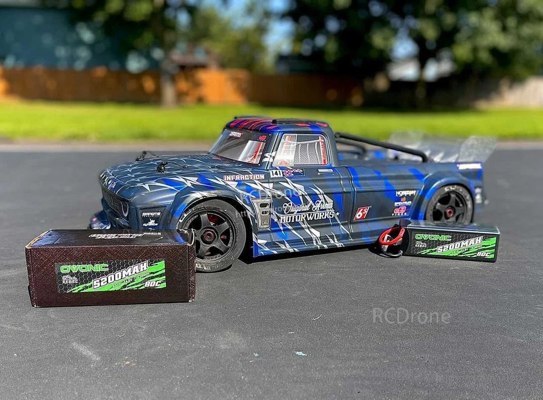 Ovonic Rebel 3S 5200mAh 11.1V 80C hardcase LiPo battery beside a 1/10 RC street truck