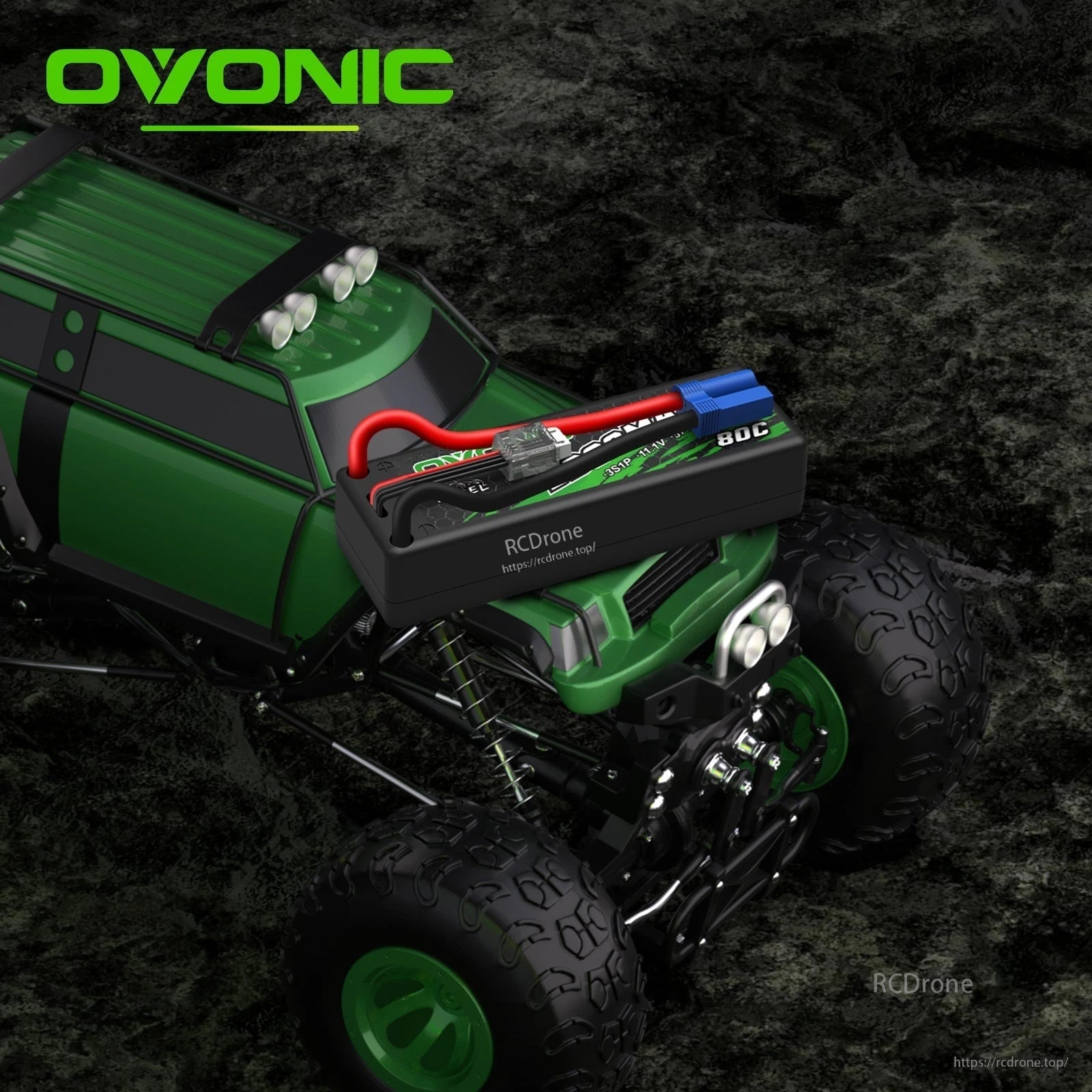 Ovonic Rebel hardcase 3S 5200mAh battery placed on a 1/10 RC monster truck to illustrate fitment