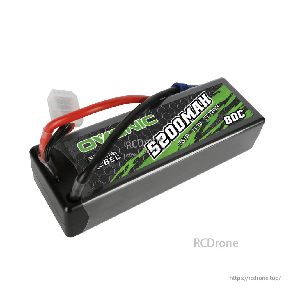 Close-up of Ovonic Rebel 3S 5200mAh 11.1V 80C hardcase LiPo battery with EC5 plug and balance lead