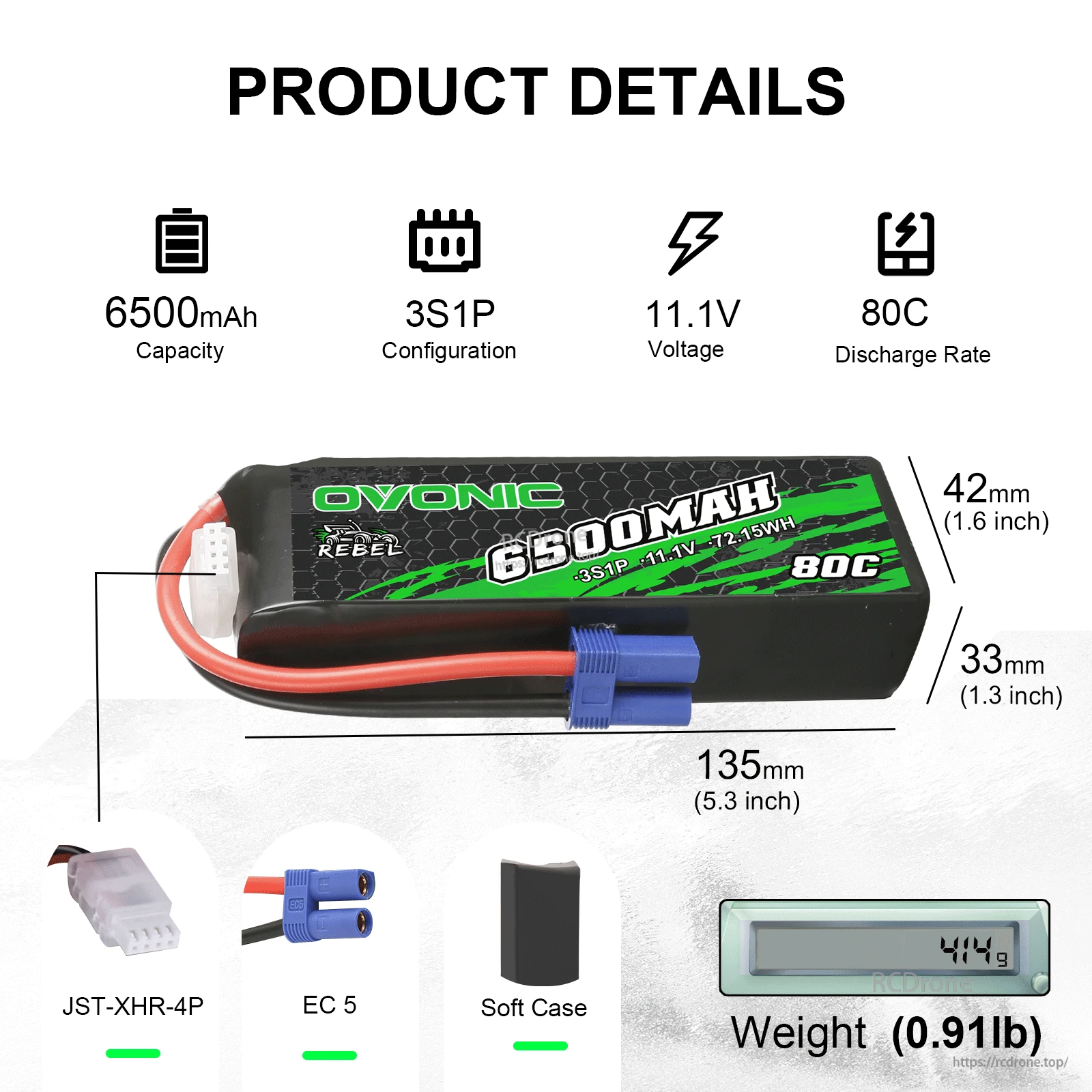 Ovonic Rebel 6500mAh 3S 11.1V 80C LiPo battery infographic with EC5 plug, JST-XHR-4P balance and size chart