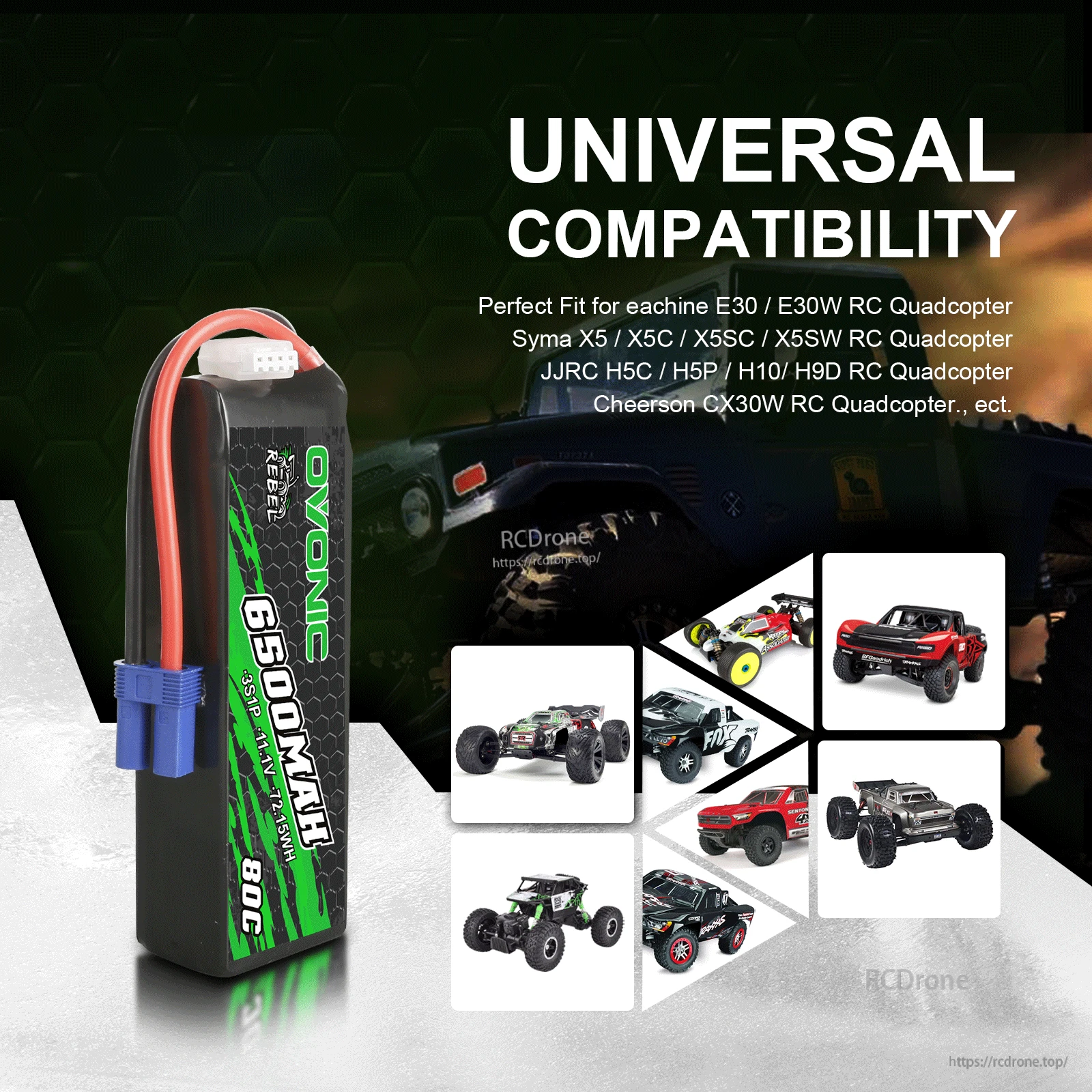 Universal compatibility graphic for Ovonic 3S 6500mAh battery with RC car and quadcopter examples
