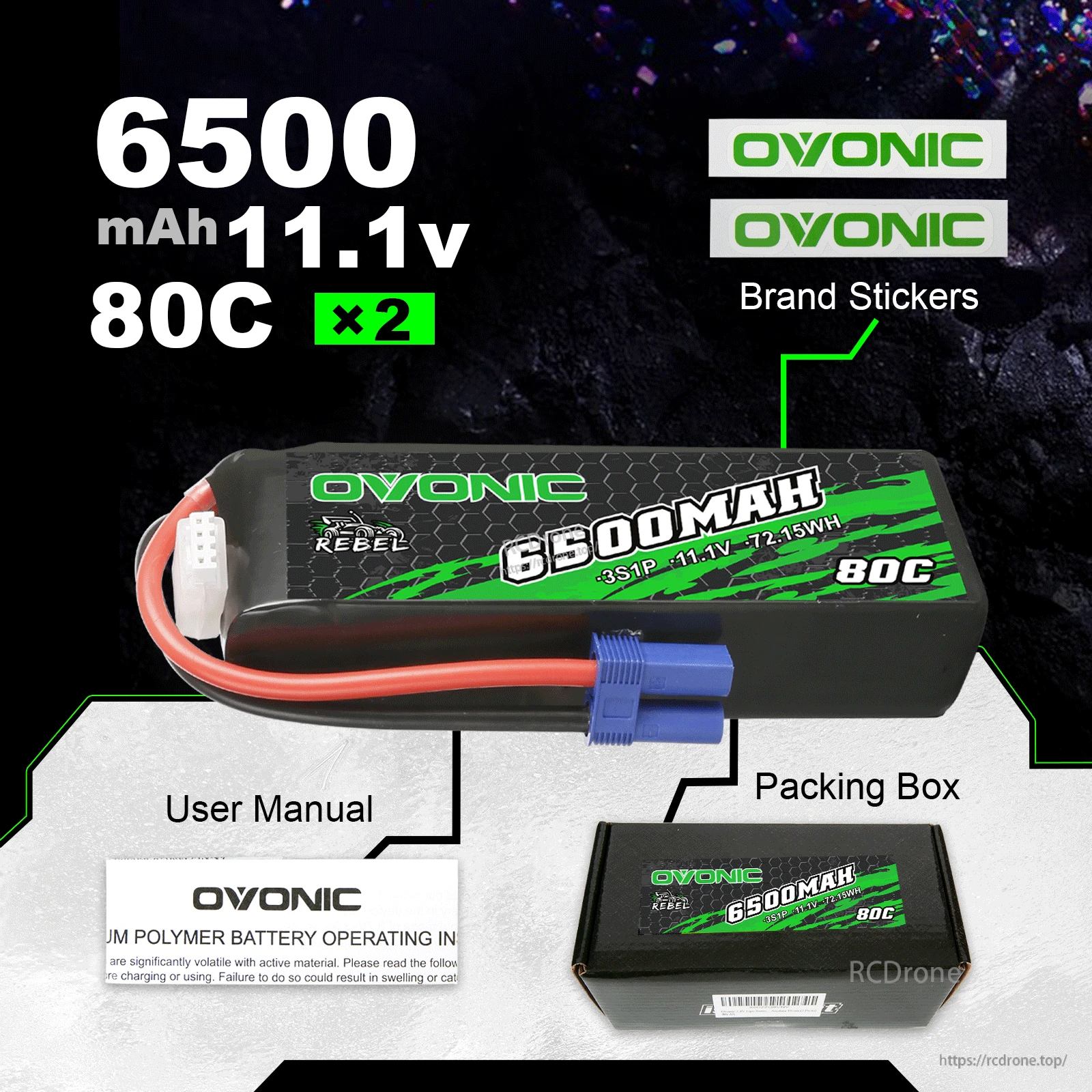 Box contents for 2× Ovonic Rebel 6500mAh 11.1V 80C packs with brand stickers, user manual and packing box