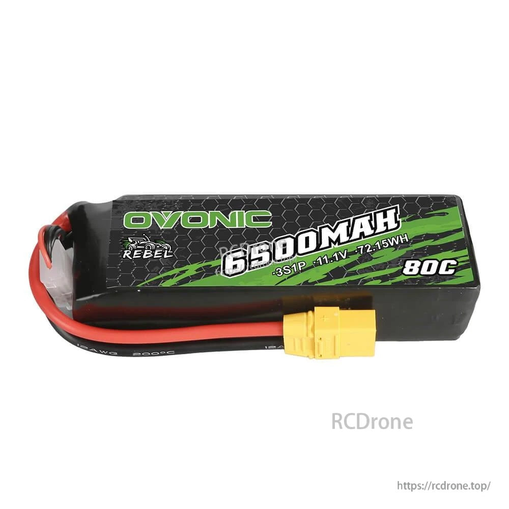 Ovonic Rebel 80C 6500mAh 3S 11.1V softcase LiPo battery with XT90 connector on white background