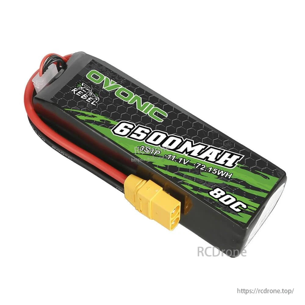 Angled view of Ovonic Rebel 6500mAh 3S LiPo softcase pack showing 80C label and XT90 connector