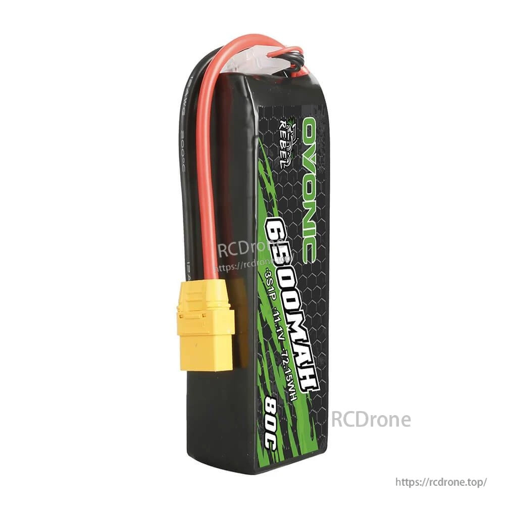 Side profile of Ovonic Rebel 3S 6500mAh softcase LiPo showing wire exit and XT90 plug orientation