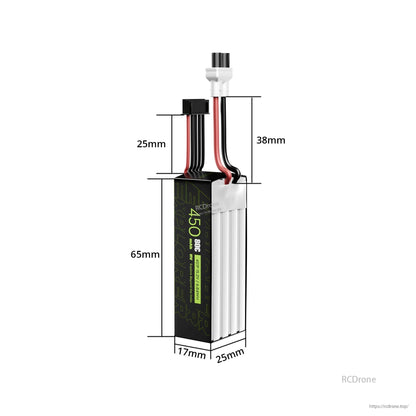 Flywoo Explorer 450mAh 4S LiHV FPV drone battery with XT30UP and balance lead, 65×25×17mm size diagram