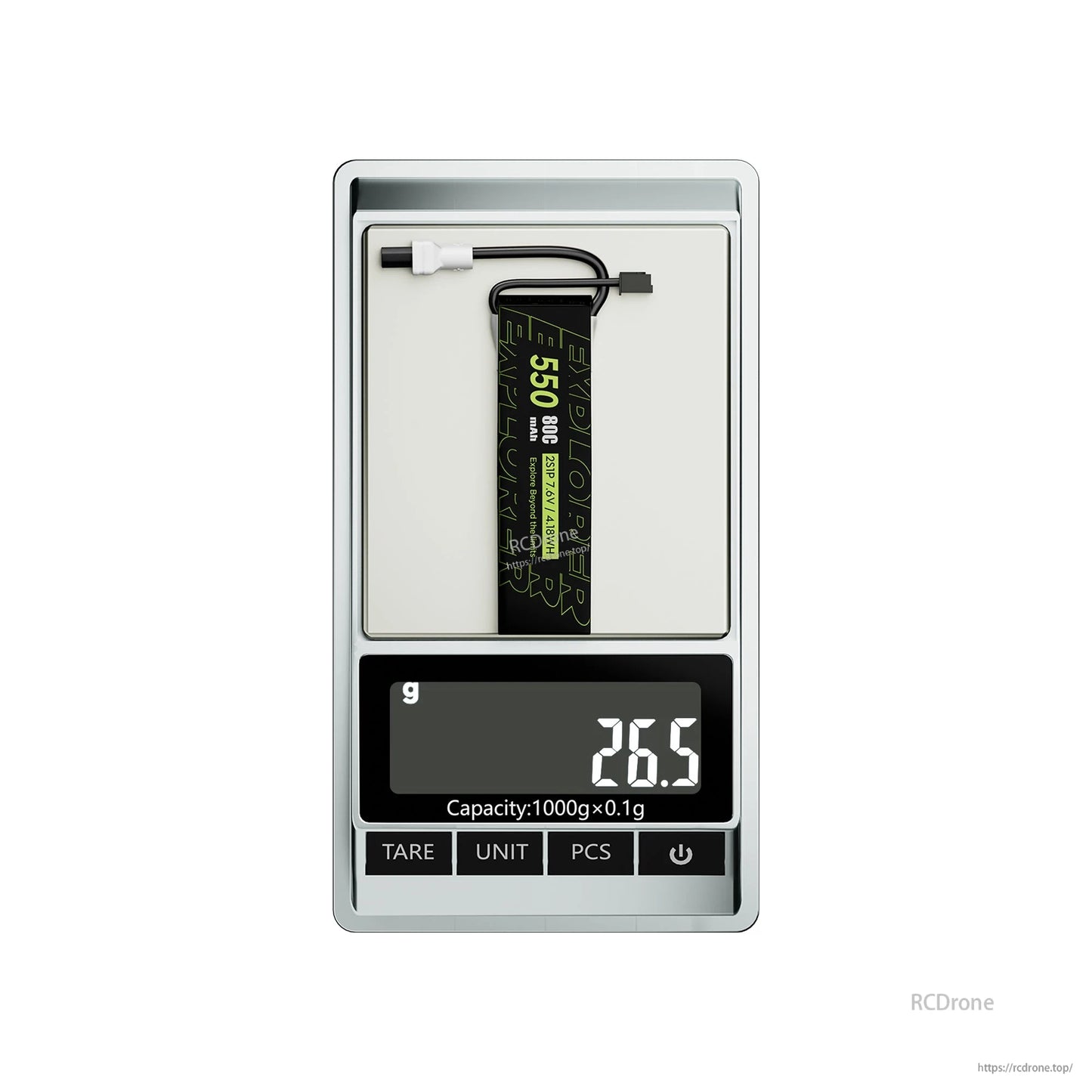 Flywoo Explorer 550mAh 2S LiHV LiPo battery with XT30UP lead on digital scale reading 26.5g