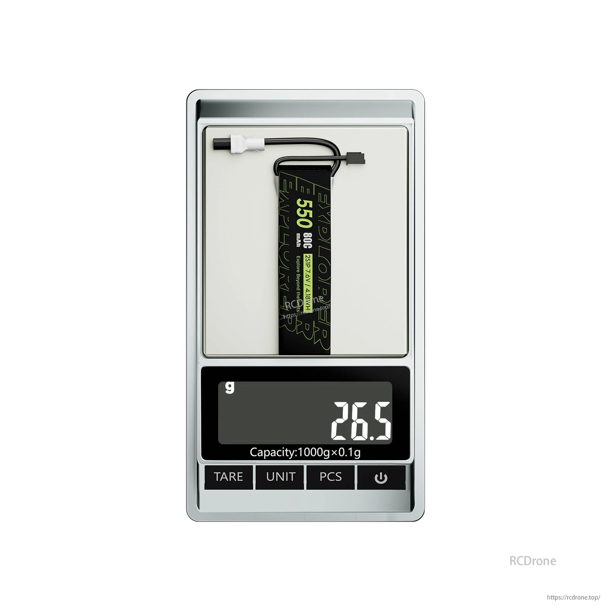 Flywoo Explorer 550mAh 2S LiHV LiPo battery with XT30UP lead on digital scale reading 26.5g
