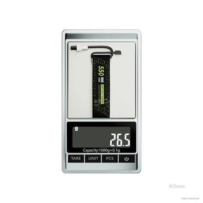 Flywoo Explorer 550mAh 2S LiHV LiPo battery with XT30UP lead on digital scale reading 26.5g