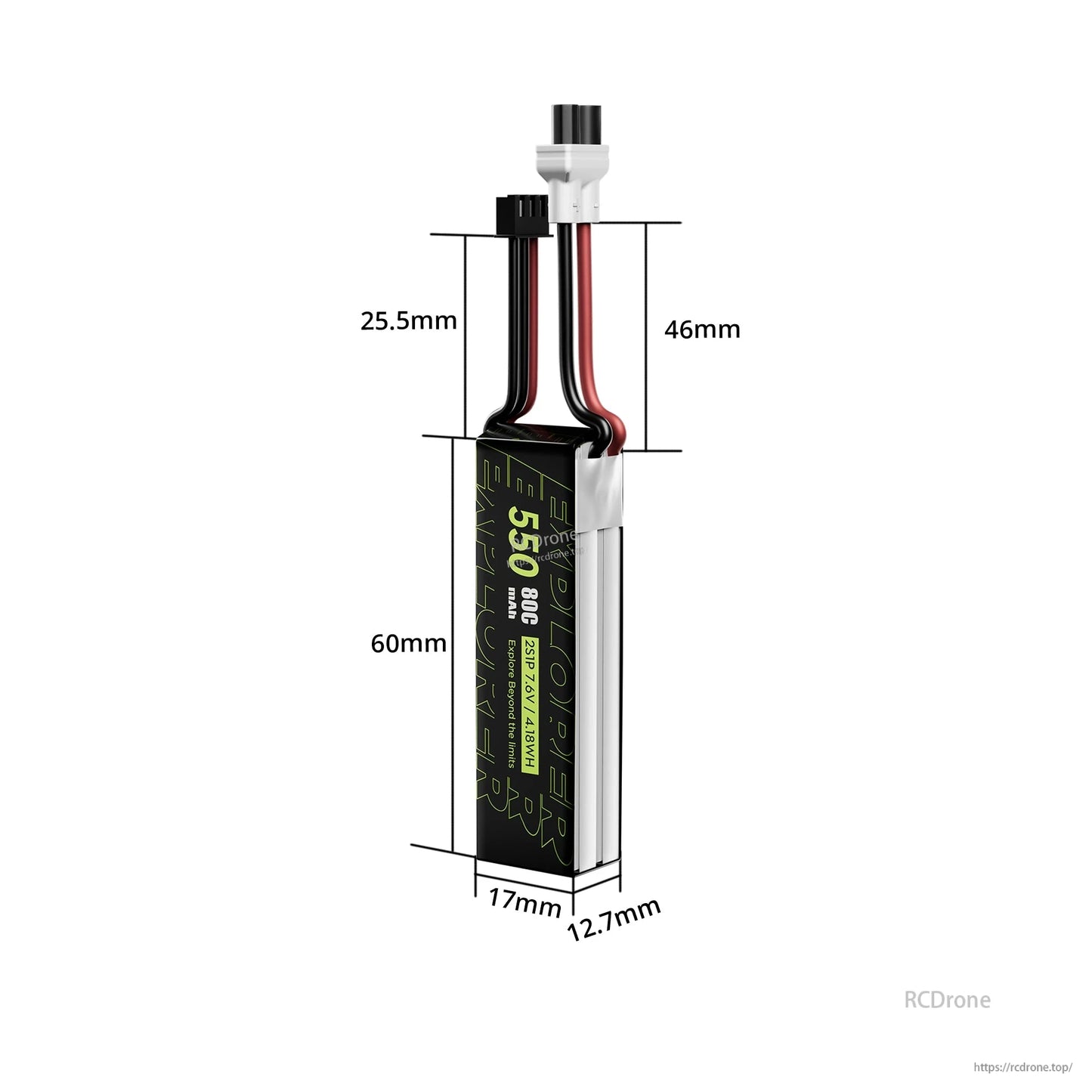Flywoo Explorer 550mAh 2S LiHV LiPo battery with XT30UP lead and balance plug, 60 x 17 x 12.7mm