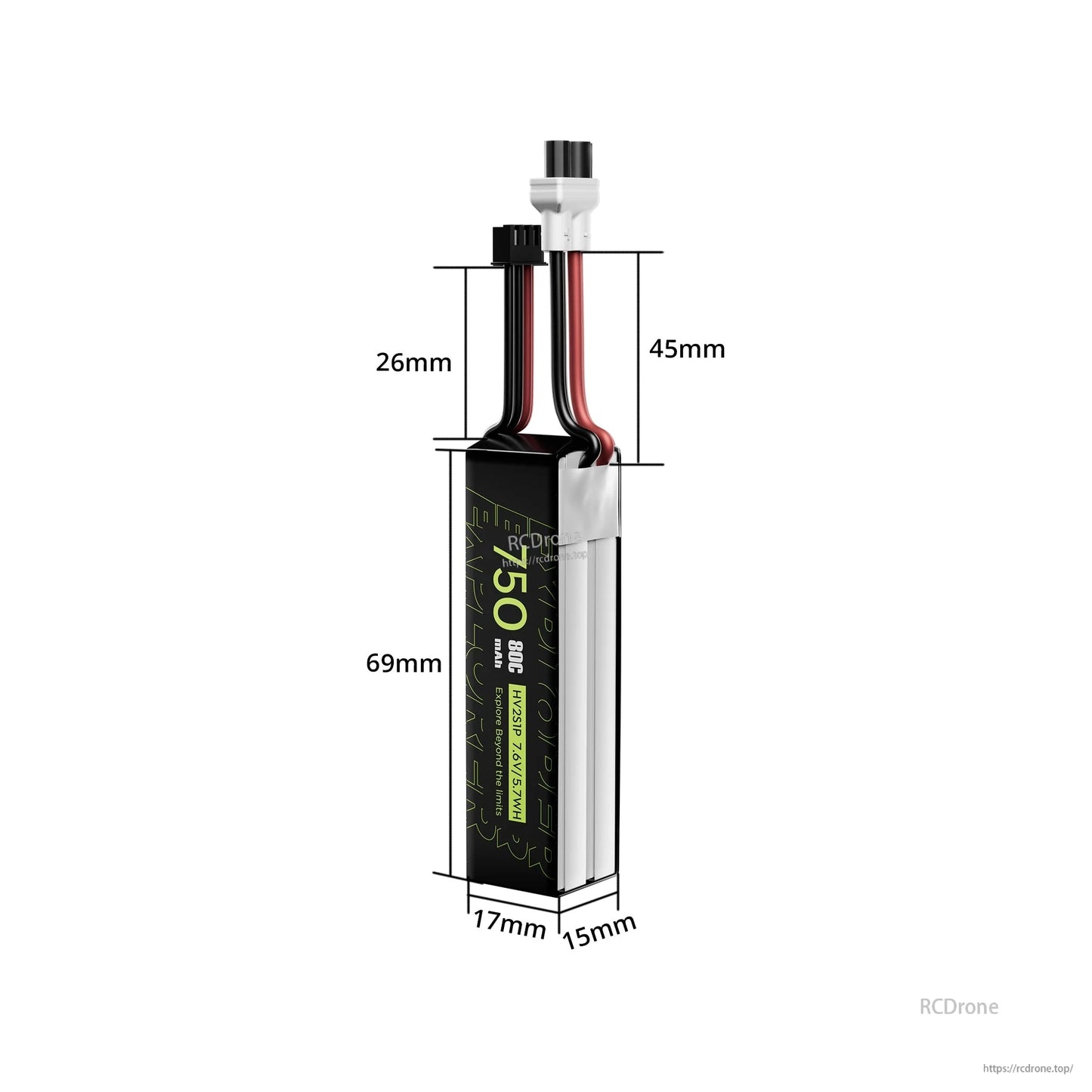 Flywoo Explorer 750mAh 2S LiHV LiPo battery with XT30UP plug and balance lead, 69×17×15mm