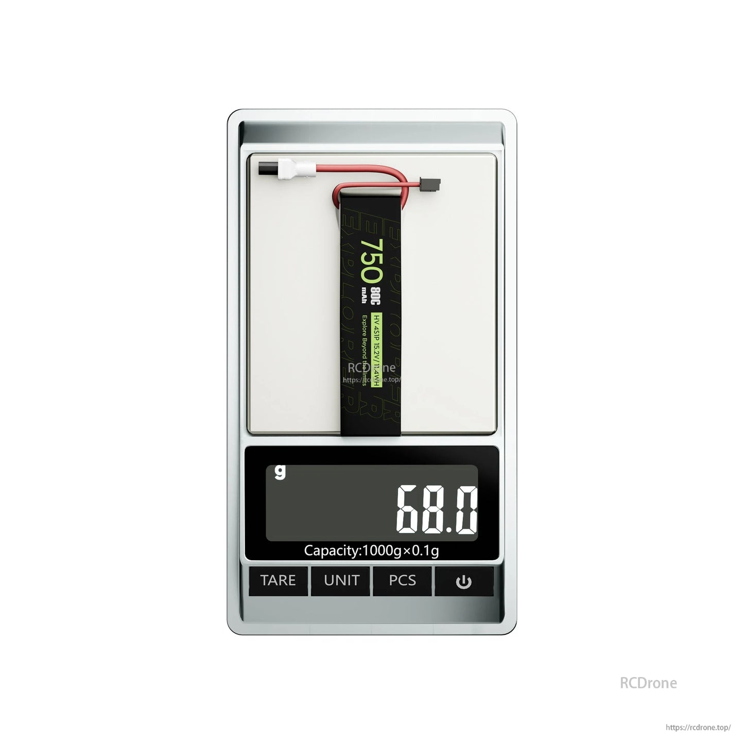 Flywoo Explorer 750mAh 4S LiHV LiPo battery pack on a digital scale reading 68.0g with balance lead