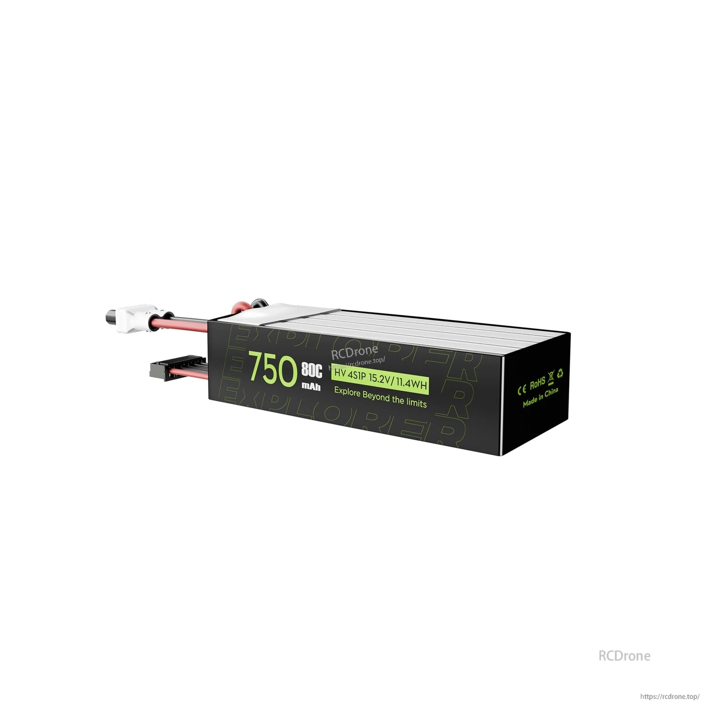 750mAh LiHV 4S 15.2V 80C LiPo battery pack with XT30 power lead and 5-pin balance connector in a compact rectangular case.