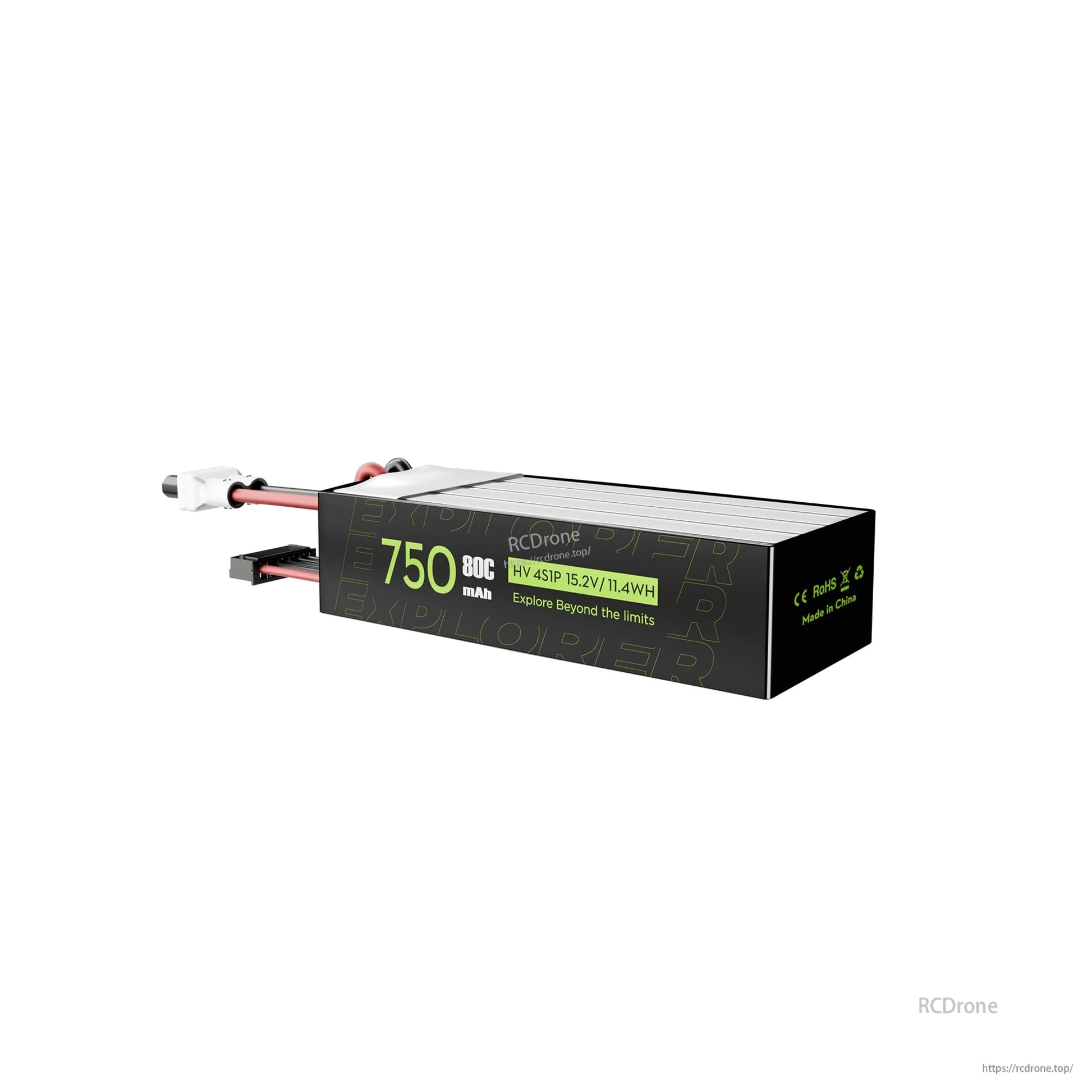 750mAh LiHV 4S 15.2V 80C LiPo battery pack with XT30 power lead and 5-pin balance connector in a compact rectangular case.