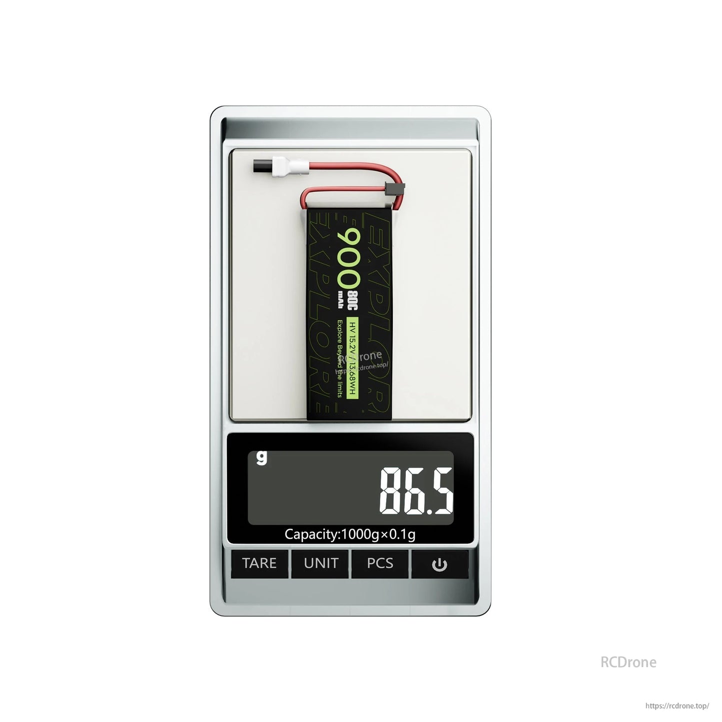 Flywoo Explorer 900mAh 4S LiHV LiPo battery on digital scale, 86.5g, with main lead and balance plug