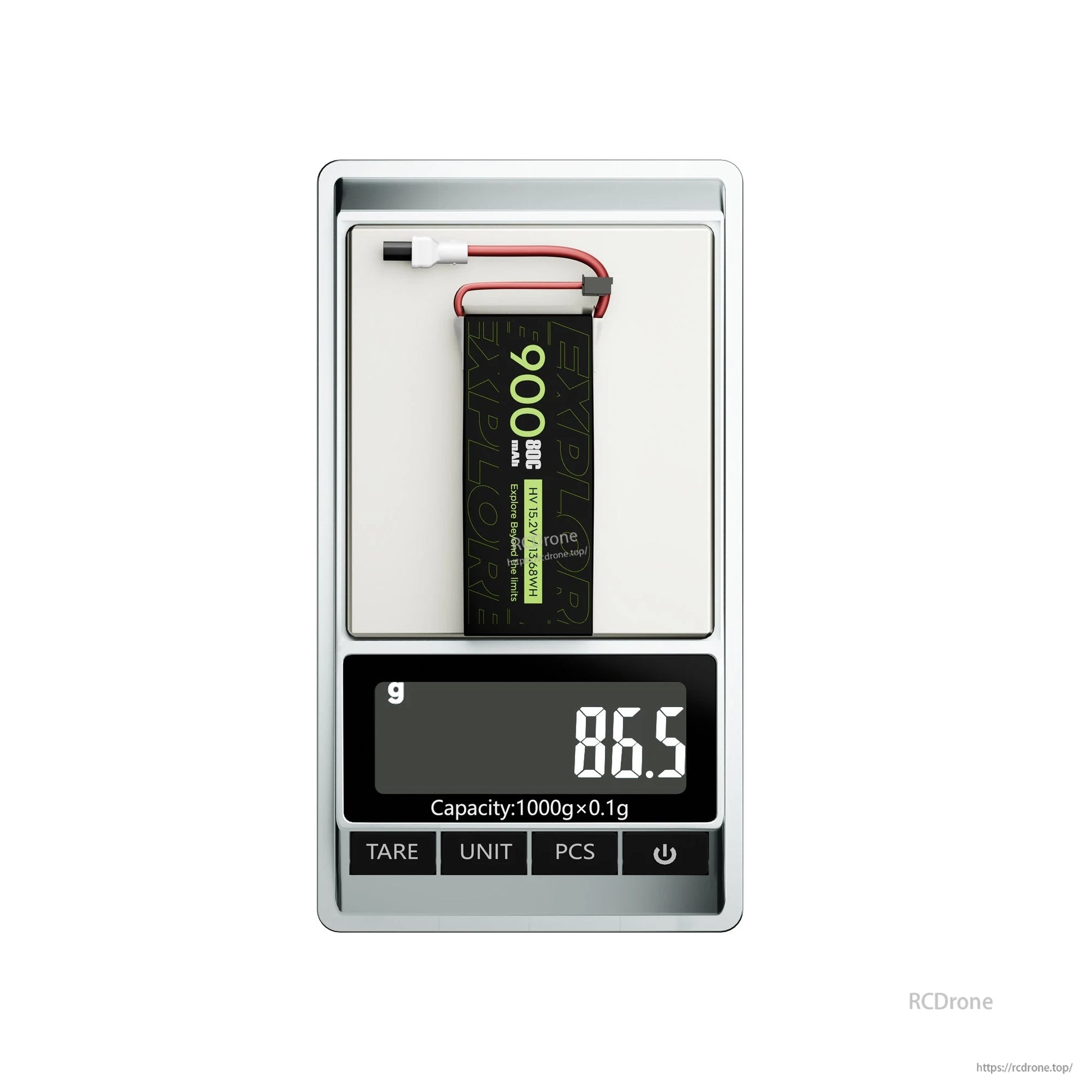 Flywoo Explorer 900mAh 4S LiHV LiPo battery on digital scale, 86.5g, with main lead and balance plug