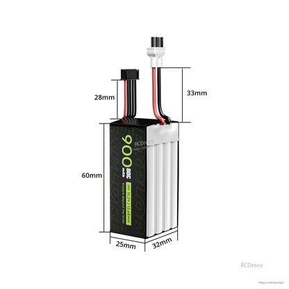 Flywoo Explorer 900mAh 4S LiHV 15.2V LiPo battery with XT30UP lead, JST-XHP-5P balance plug, and size dimensions