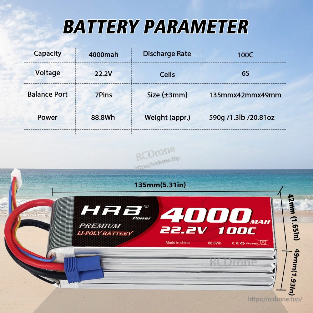 HRB 2PCS 4000mAh 6S 22.2V 100C LiPo battery specs and dimensions (135×42×49mm), 88.8Wh