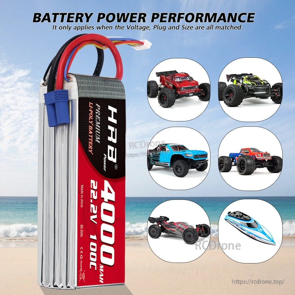 Side view of HRB 4000mAh 6S 22.2V 100C LiPo with blue EC5 female connector and 7‑pin balance lead