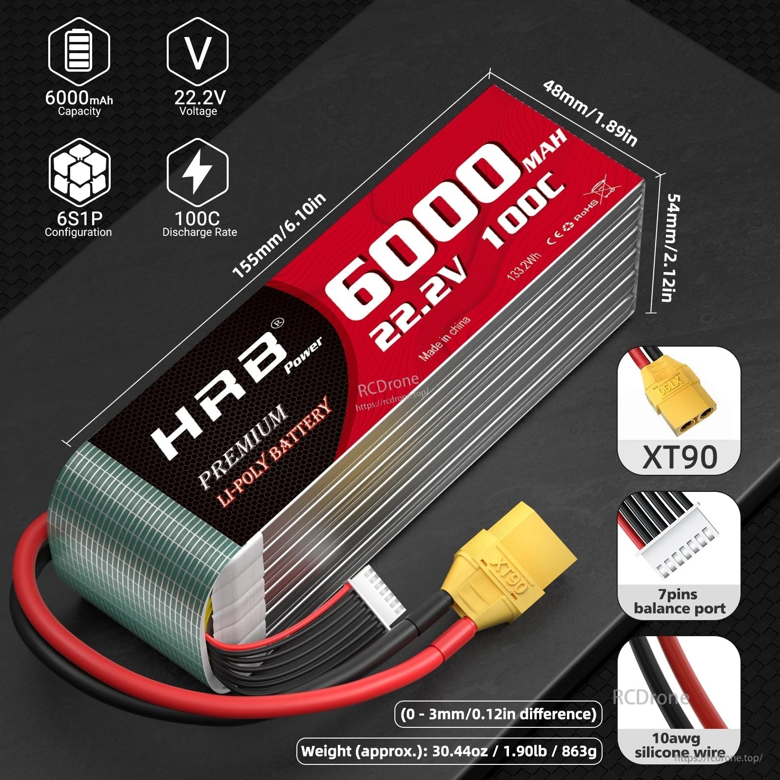 HRB 2PCS 6S 22.2V 6000mAh 100C LiPo battery with XT90 plug, JST-XH balance lead and size details