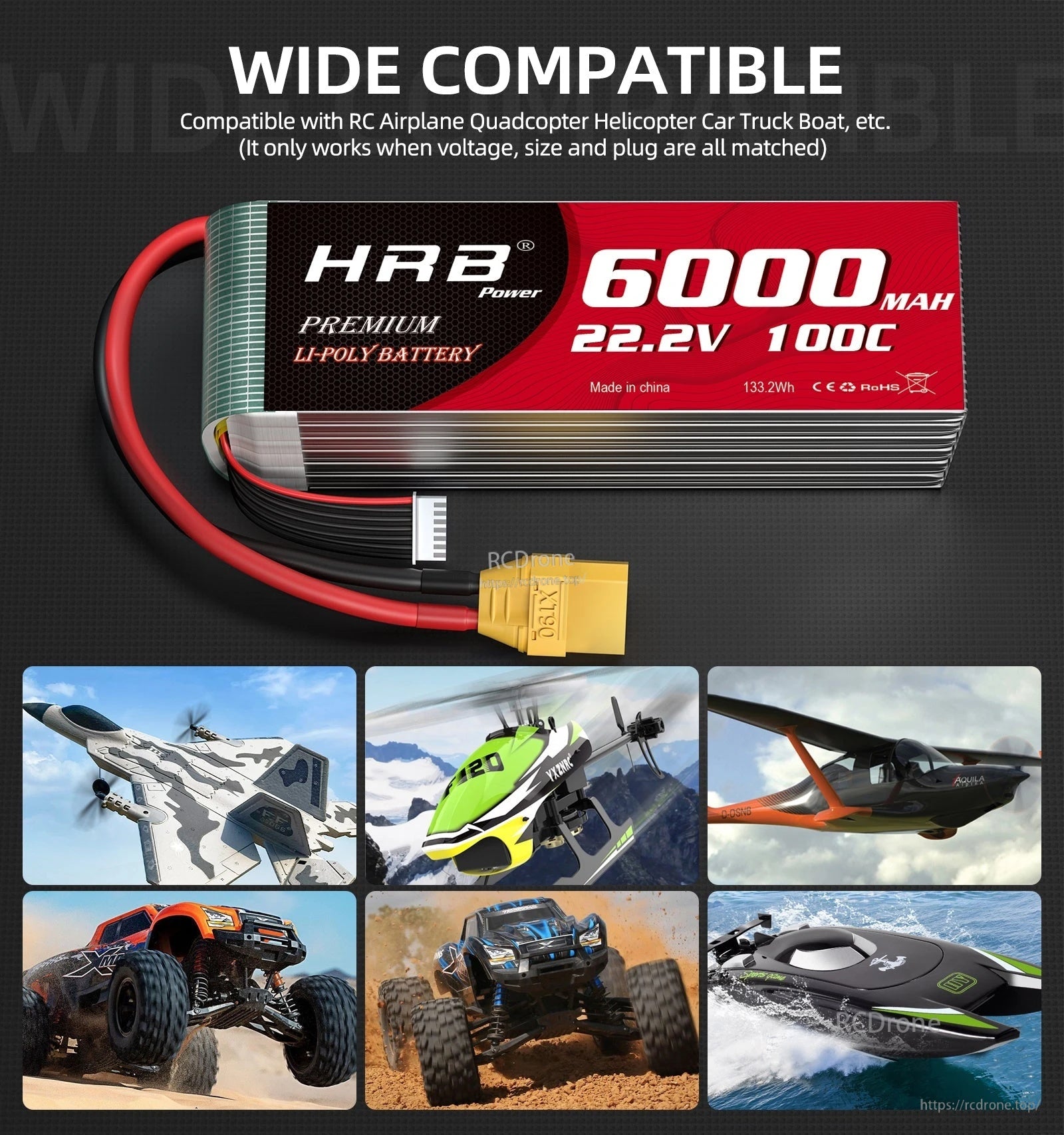 HRB 6S 22.2V 6000mAh 100C LiPo with XT90 shown with wide compatibility icons for car, truck, boat, heli and airplane